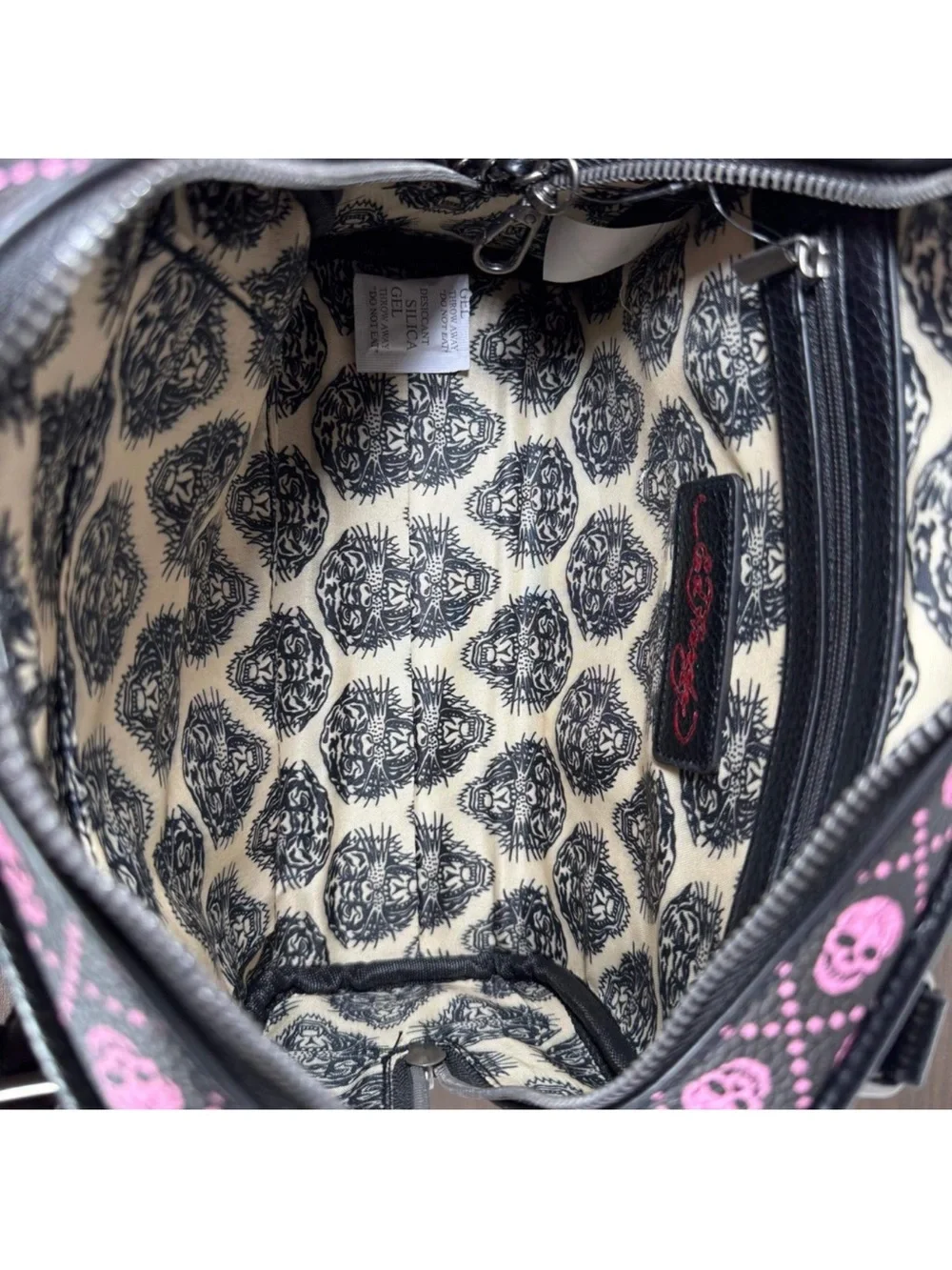 Ed Hardy Black and Pink Rhinestone Skull Satchel